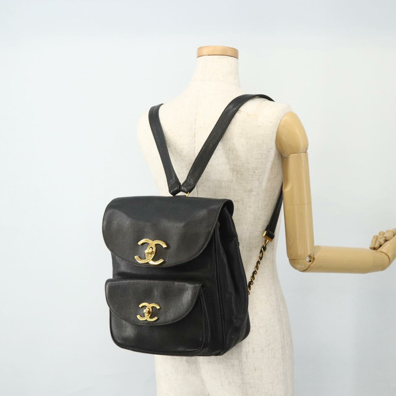 【日本直送】香奈兒魚子醬紋金黑色雙C鏈條背包 Auth ka4012V-28