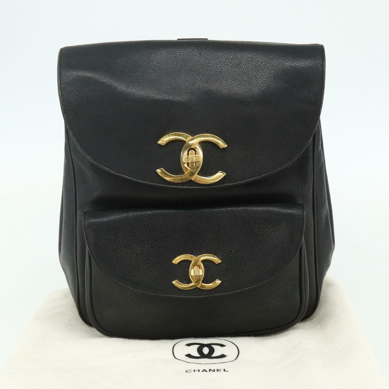 【日本直送】香奈兒魚子醬紋金黑色雙C鏈條背包 Auth ka4012V-29