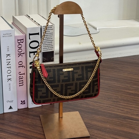 FENDI 紅邊拚老花麻將包