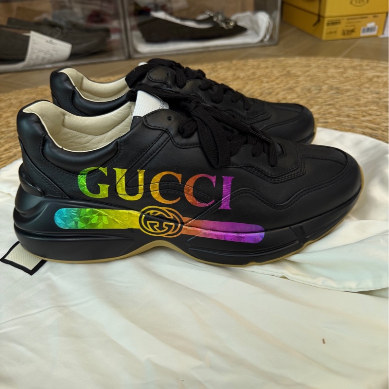GUCCI古馳 Rhyton 復古黑色炫彩腰帶低幫 老爹鞋 男款 99新 黑色41 碼-0