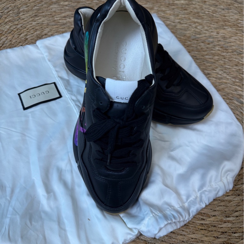 GUCCI古馳 Rhyton 復古黑色炫彩腰帶低幫 老爹鞋 男款 99新 黑色41 碼-1