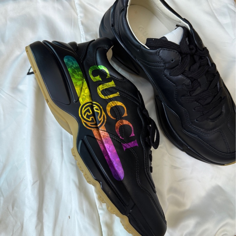 GUCCI古馳 Rhyton 復古黑色炫彩腰帶低幫 老爹鞋 男款 99新 黑色41 碼-2