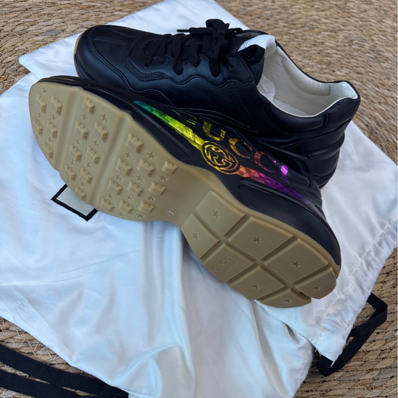 GUCCI古馳 Rhyton 復古黑色炫彩腰帶低幫 老爹鞋 男款 99新 黑色41 碼-8