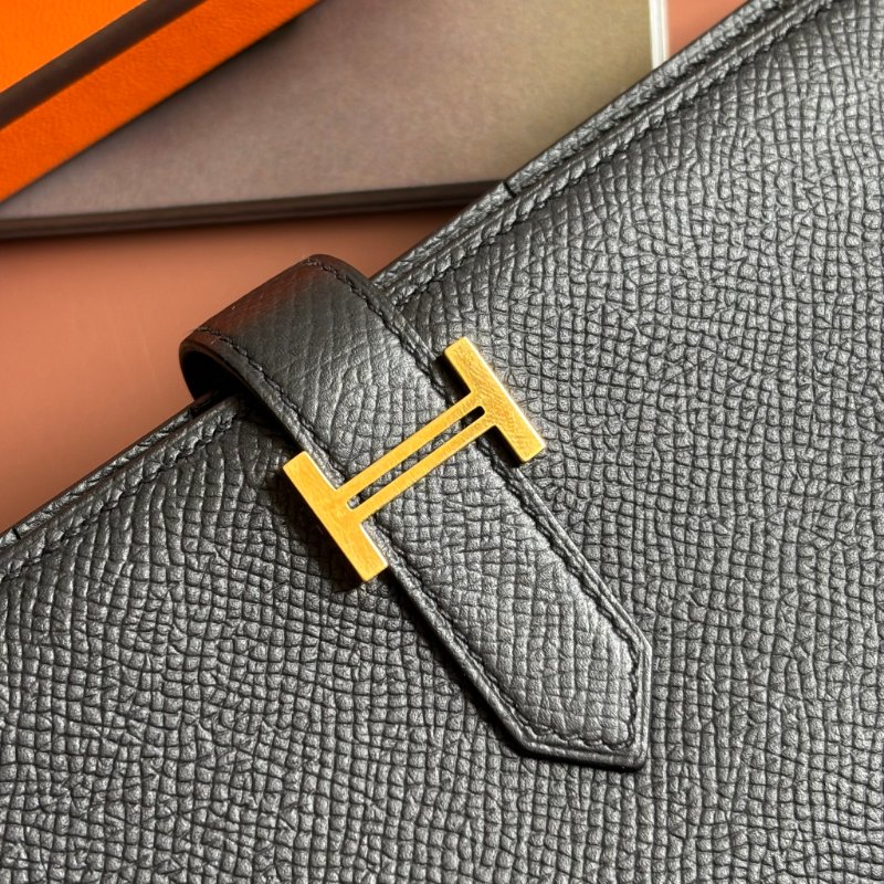 Y刻 ::HERMES:: 愛馬仕 Bearn Wallet 黑皮革H金釦長夾-3