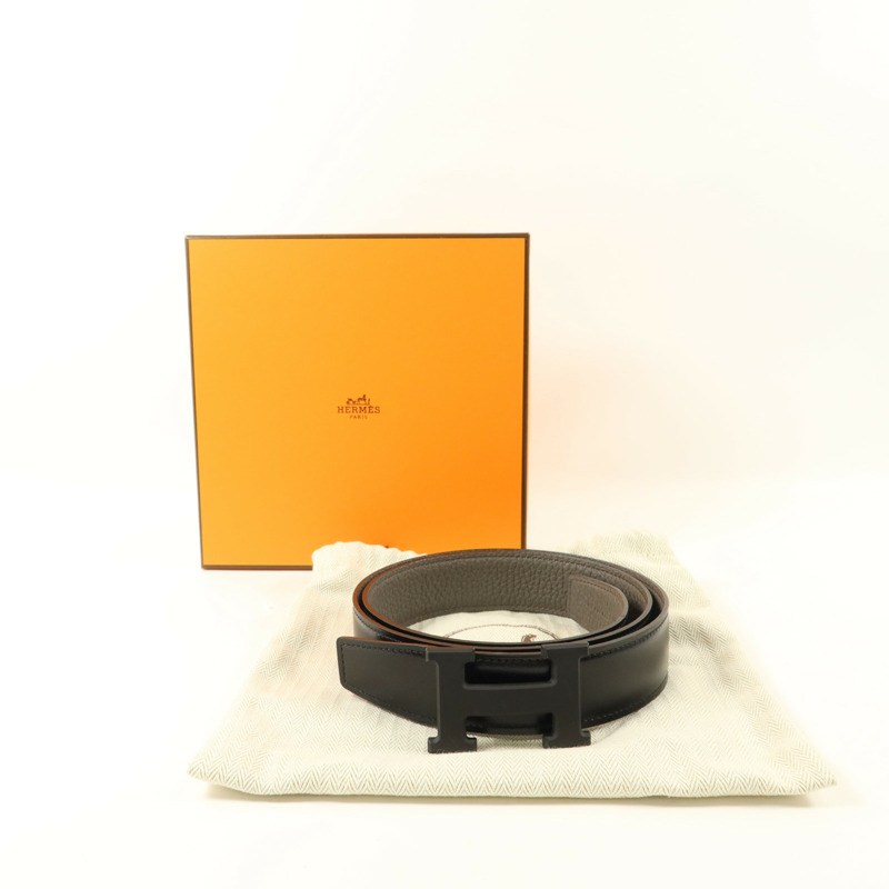 HERMES Box/Togo皮革Constance Reversible H腰帶Noir/Etain-10