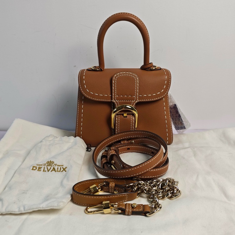 德爾沃/Delvaux 棕色顆粒牛皮外縫線手提斜挎單肩包mdg-0