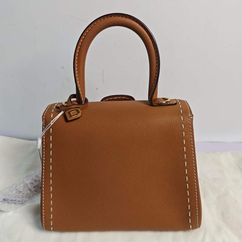 德爾沃/Delvaux 棕色顆粒牛皮外縫線手提斜挎單肩包mdg-1