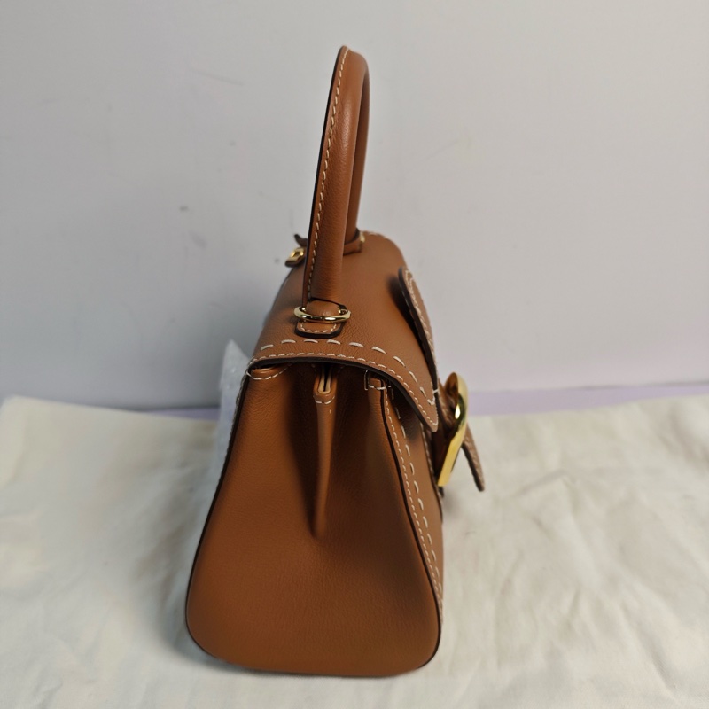 德爾沃/Delvaux 棕色顆粒牛皮外縫線手提斜挎單肩包mdg-2