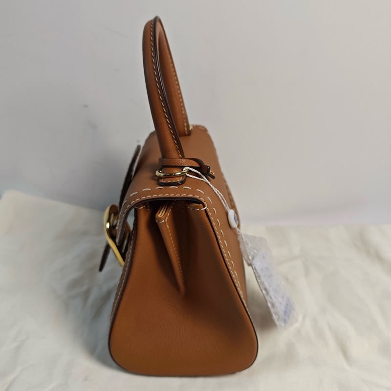 德爾沃/Delvaux 棕色顆粒牛皮外縫線手提斜挎單肩包mdg-3