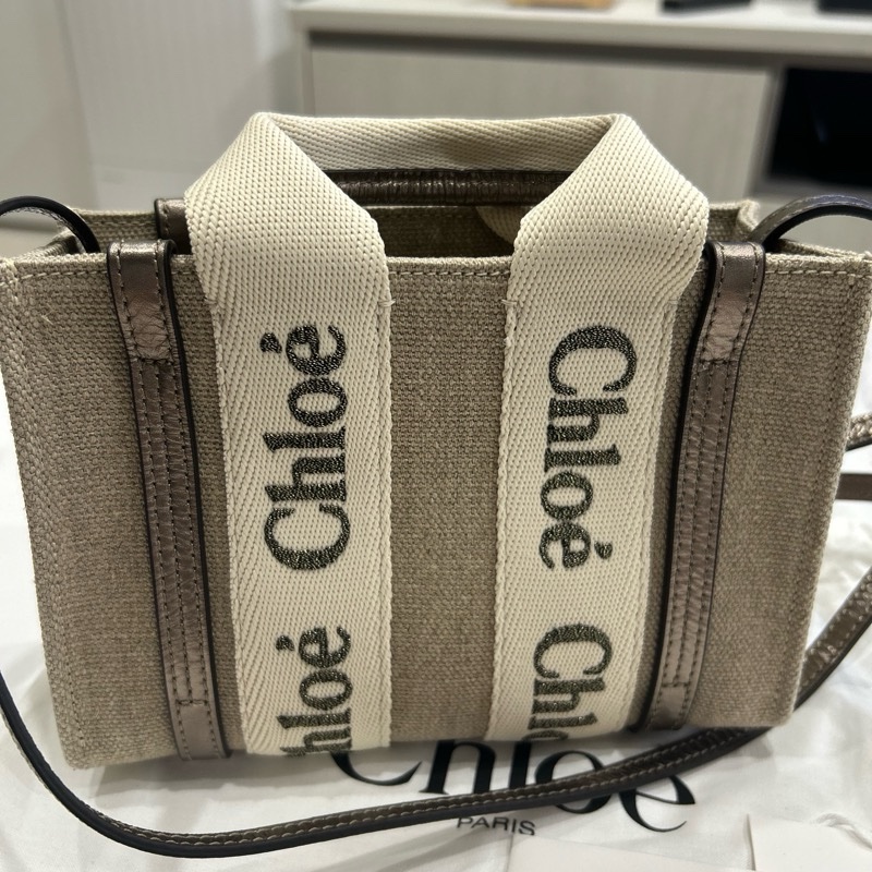 Chloe mini woody tote bag shiny grey古銅色-0