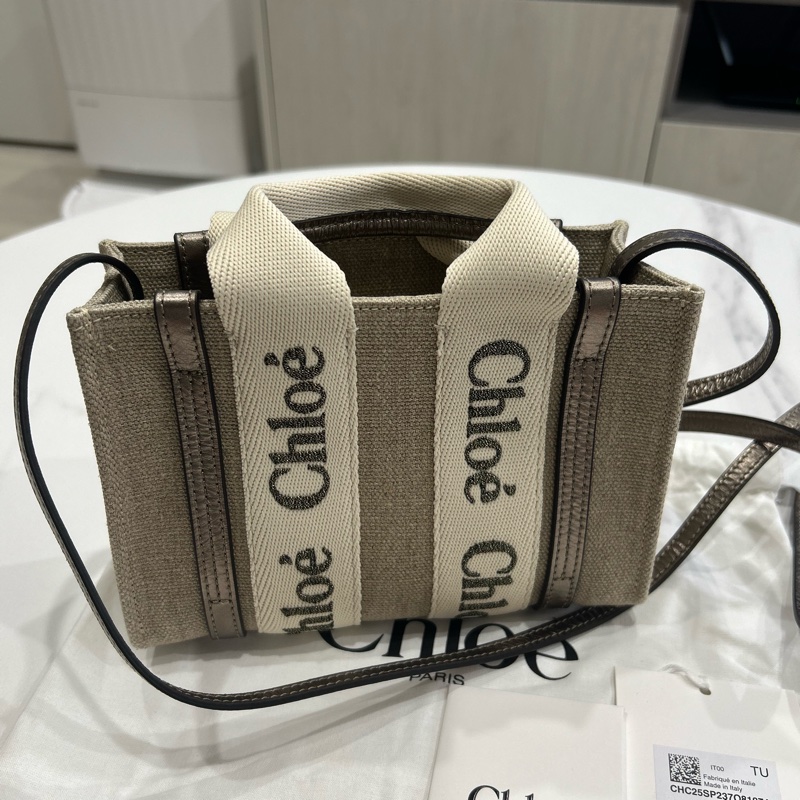 Chloe mini woody tote bag shiny grey古銅色-5