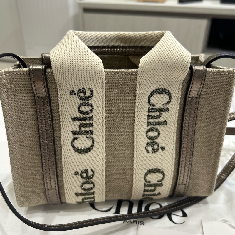Chloe mini woody tote bag shiny grey古銅色-6