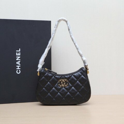 CHANEL 23K19Bag皮穿鏈Hobo腋下包小號黑色牛皮金扣肩背包