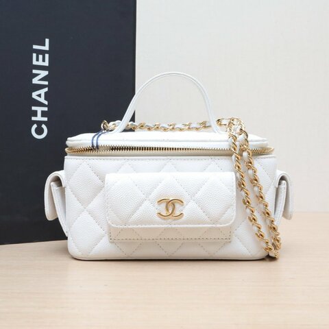 CHANEL 23B手提Cargo長盒子化妝包白色荔枝牛皮金扣肩背包
