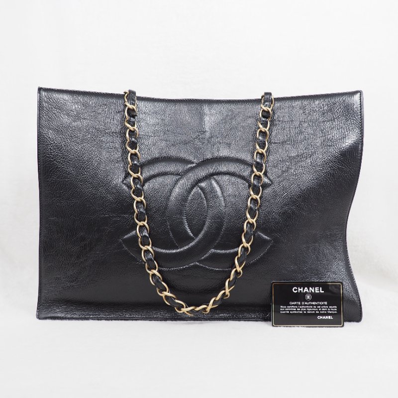 CHANEL 黑色牛皮皮穿鏈托特包-13