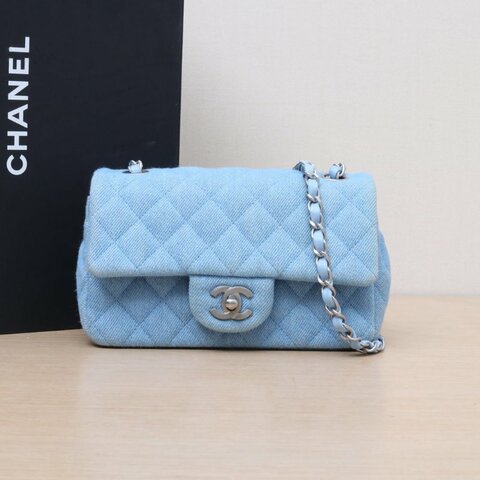 CHANEL CF口蓋包大Mini20藍色牛仔晶片開銀扣25C肩背包