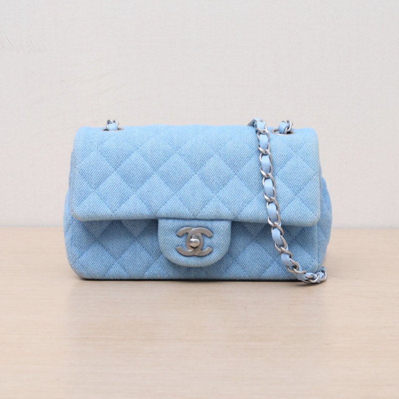 CHANEL CF口蓋包大Mini20藍色牛仔晶片開銀扣25C肩背包-1