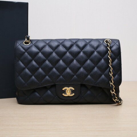 CHANEL CF口蓋包JUMBO30黑色荔枝牛皮19開金扣肩背包