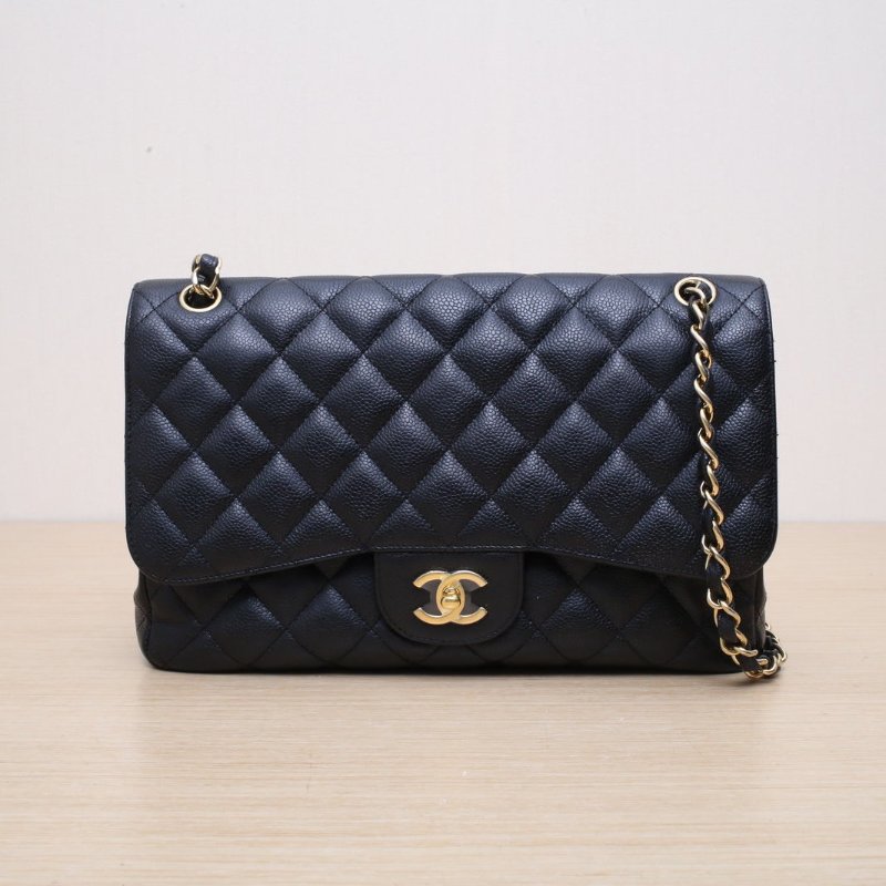 CHANEL CF口蓋包JUMBO30黑色荔枝牛皮19開金扣肩背包-1