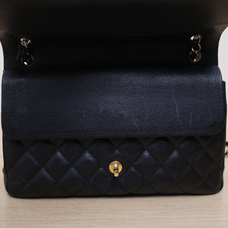 CHANEL CF口蓋包JUMBO30黑色荔枝牛皮19開金扣肩背包-2