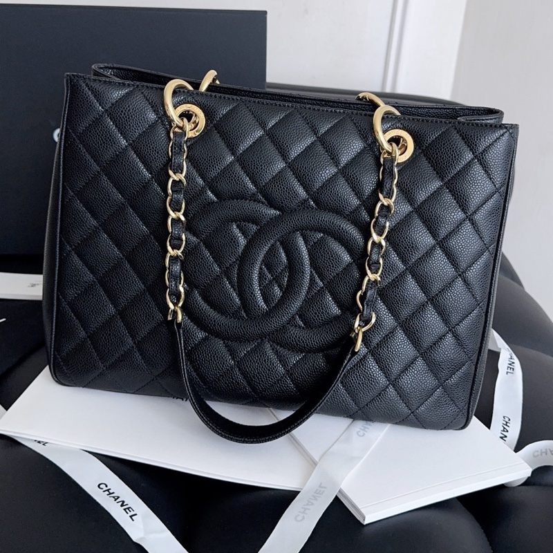 【近新閒置品】Chanel 香奈兒 gst 黑金 荔枝紋牛皮 托特包tote 單肩包-0