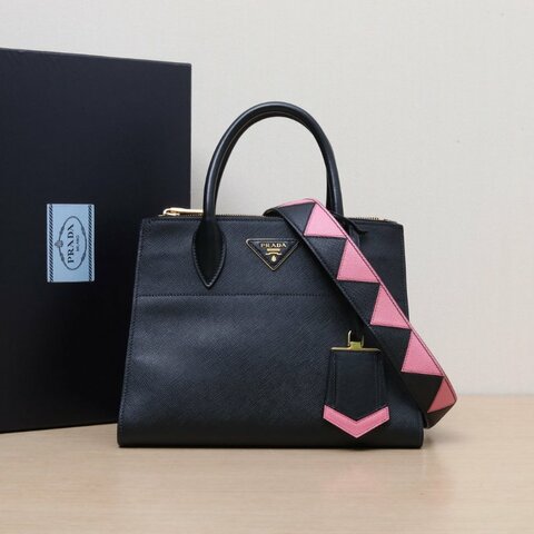 PRADA 黑色牛皮金扣寬肩帶手提包肩背包