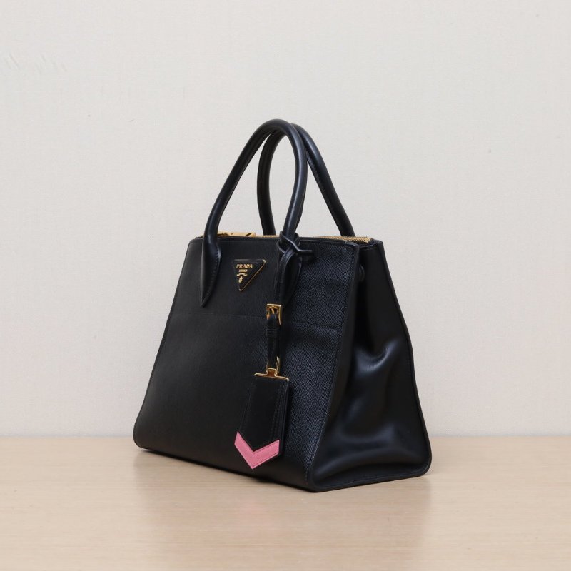 PRADA 黑色牛皮金扣寬肩帶手提包肩背包-4