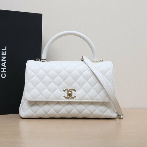 CHANEL CocoHandle中號29白色荔枝牛皮晶片金扣肩背包