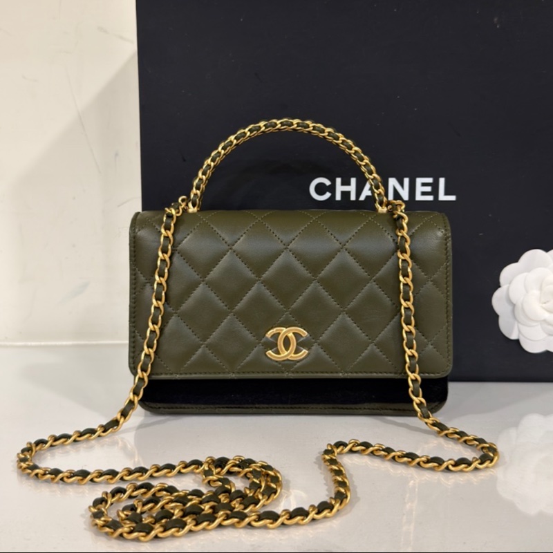 Chanel #芯片款 #閒置帶膜 手提鏈條包 提把皮穿鏈 香奈兒woc深綠色金扣-0
