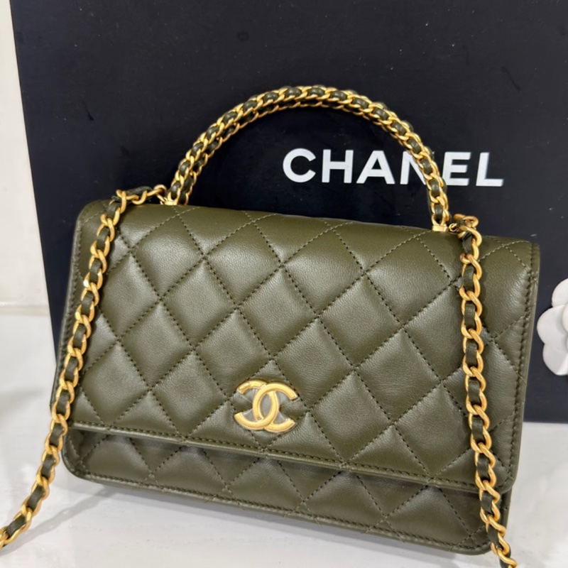 Chanel #芯片款 #閒置帶膜 手提鏈條包 提把皮穿鏈 香奈兒woc深綠色金扣-1