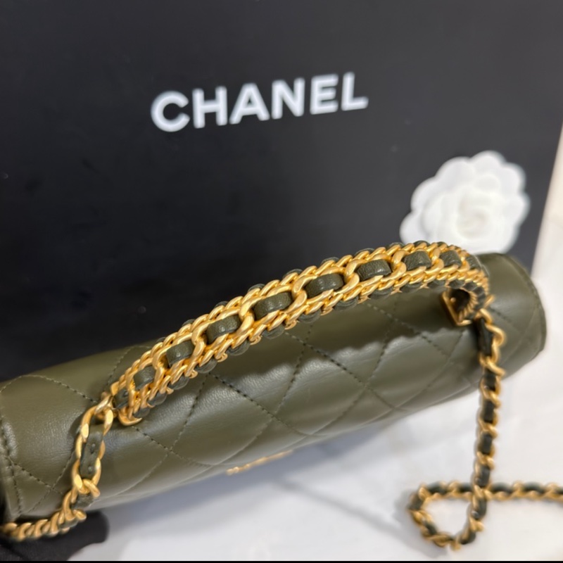 Chanel #芯片款 #閒置帶膜 手提鏈條包 提把皮穿鏈 香奈兒woc深綠色金扣-2