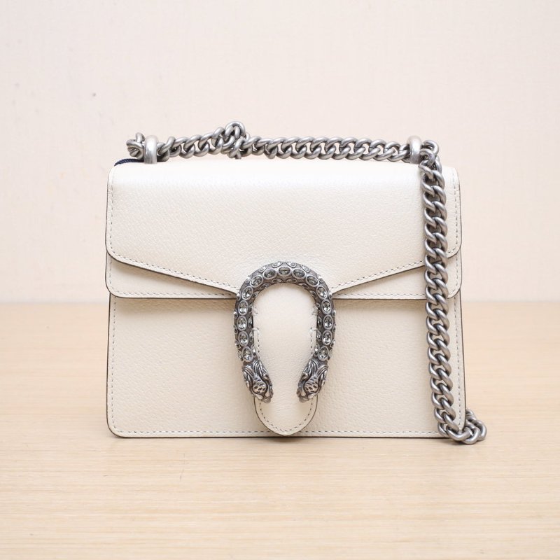 GUCCI 酒神包MINI全皮鑽扣白色牛皮銀扣肩背包-1