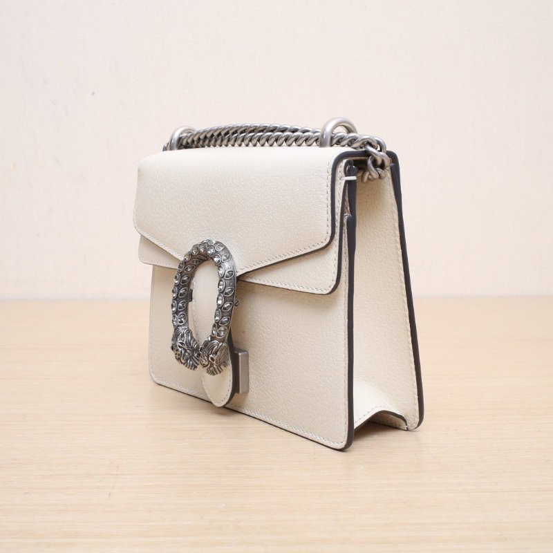 GUCCI 酒神包MINI全皮鑽扣白色牛皮銀扣肩背包-4