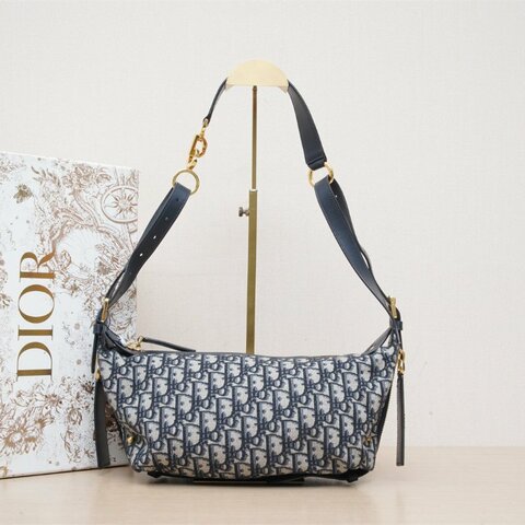 DIOR D-journey小號23藍色帆布金扣肩背包