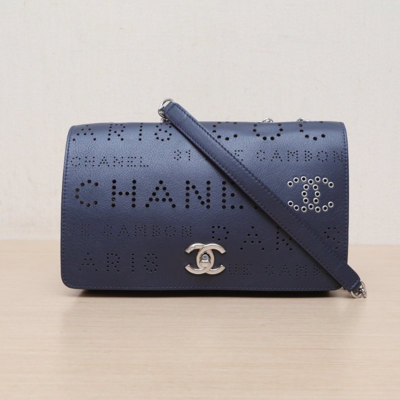 CHANEL 藍色牛皮27開銀扣CF鏤空子母鏈條包肩背包-1