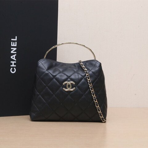 CHANEL 黑色荔枝牛皮淺金扣cococrush菱格紋手柄飯盒包肩背包