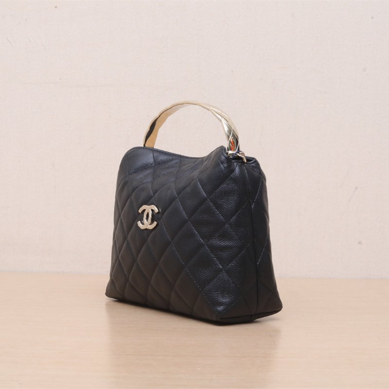 CHANEL 黑色荔枝牛皮淺金扣cococrush菱格紋手柄飯盒包肩背包-4