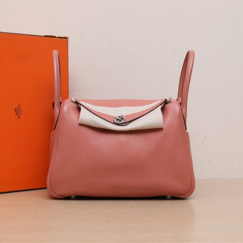 HERMES Lindy303L玫瑰茶色TC皮框Q銀扣肩背包