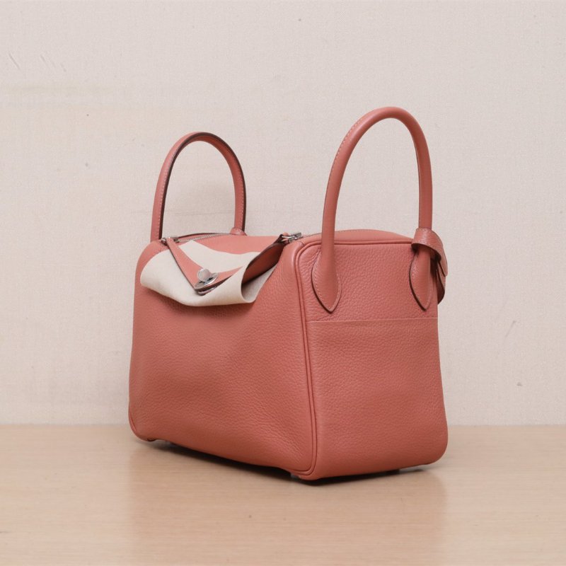 HERMES Lindy303L玫瑰茶色TC皮框Q銀扣肩背包-3
