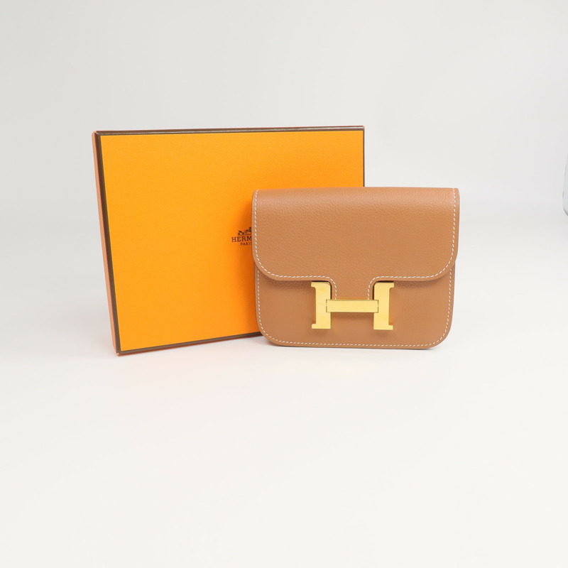 HERMES Evercolor皮革Constance Slim Wallet錢包Gold-9
