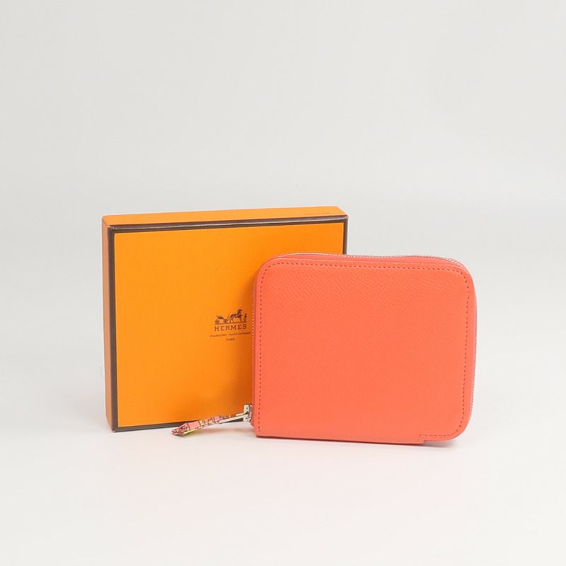 HERMES Epsom皮革/絲質Silk'In Compact Wallet錢包Rose Jaipur-9
