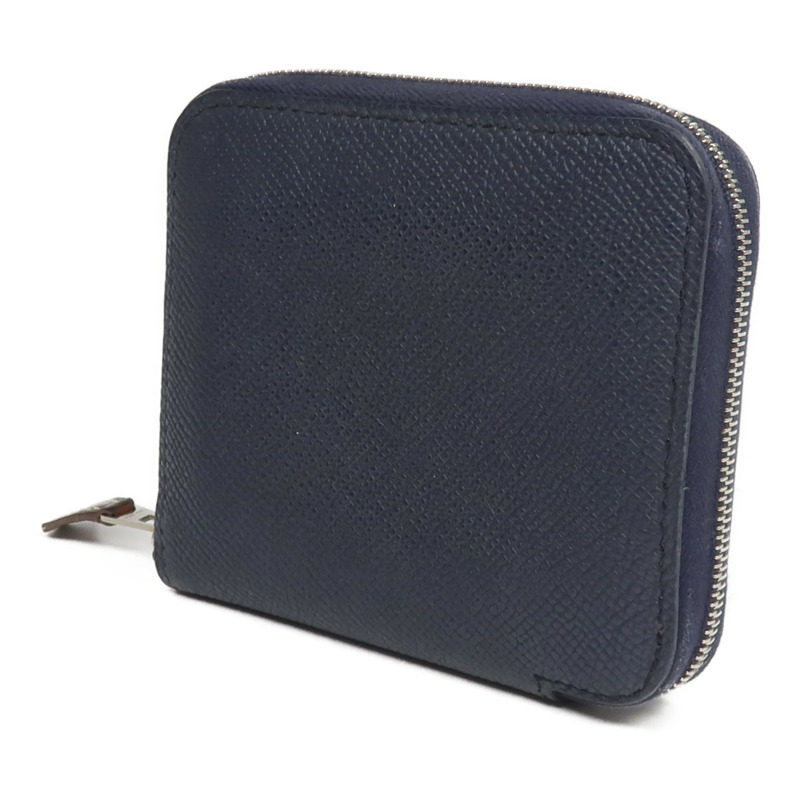 HERMES Epsom皮革/絲質Silk'In Compact Wallet錢包Bleu Indigo-1