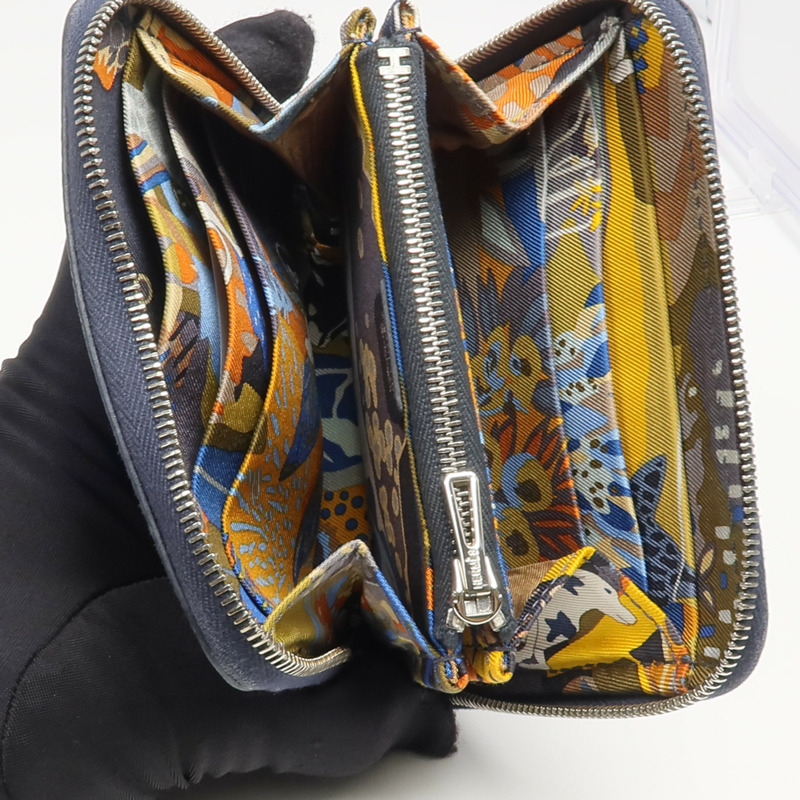 HERMES Epsom皮革/絲質Silk'In Compact Wallet錢包Bleu Indigo-5