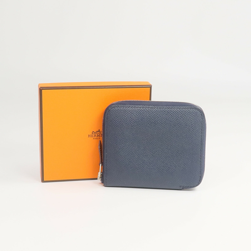 HERMES Epsom皮革/絲質Silk'In Compact Wallet錢包Bleu Indigo-9