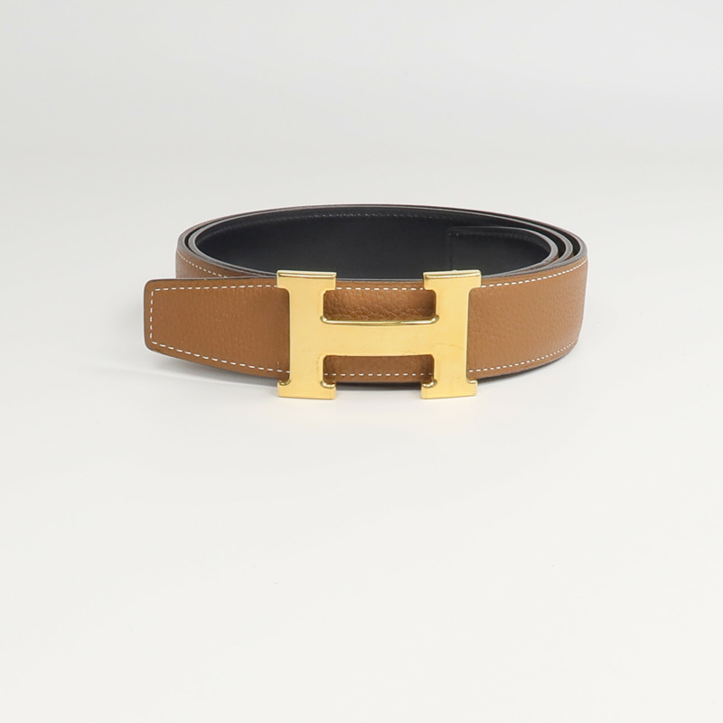 HERMES Clemence/Box Calf皮革Ceinture 5382皮帶Noir/Gold-10