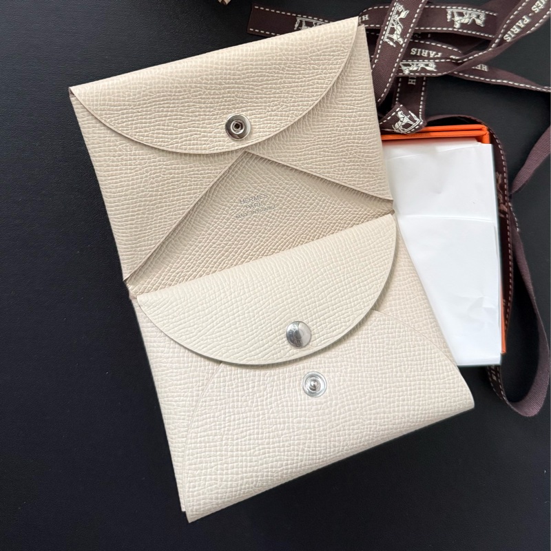 Hermes Calvi Duo Craie 奶昔白 Epsom皮 銀釦 卡夾 card holder-4