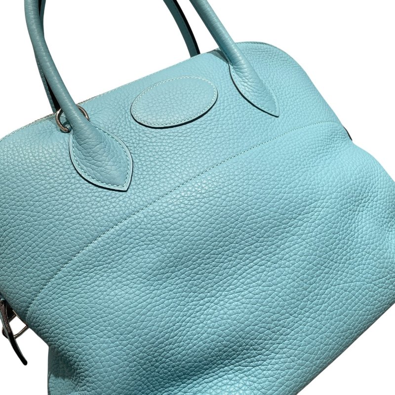 HERMES 愛馬仕 BOLIDE 31 保齡球包 皮革 淺藍色系 銀釦-11