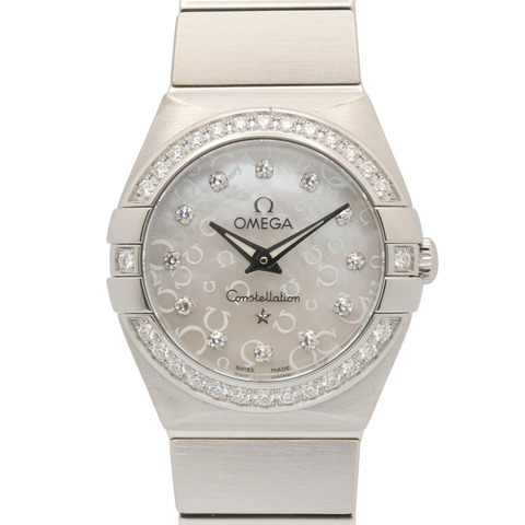 歐米茄星座系列鑲鑽錶圈12鑽女錶，不鏽鋼錶殼，白色錶盤，珍珠母貝錶帶，型號123.15.24.60.55.005