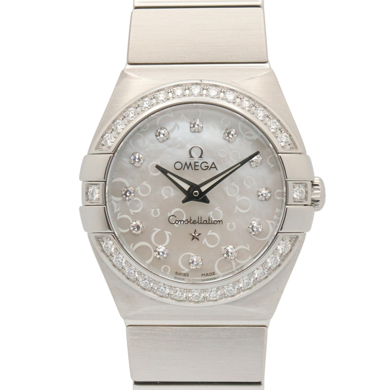 歐米茄星座系列鑲鑽錶圈12鑽女錶，不鏽鋼錶殼，白色錶盤，珍珠母貝錶帶，型號123.15.24.60.55.005-0