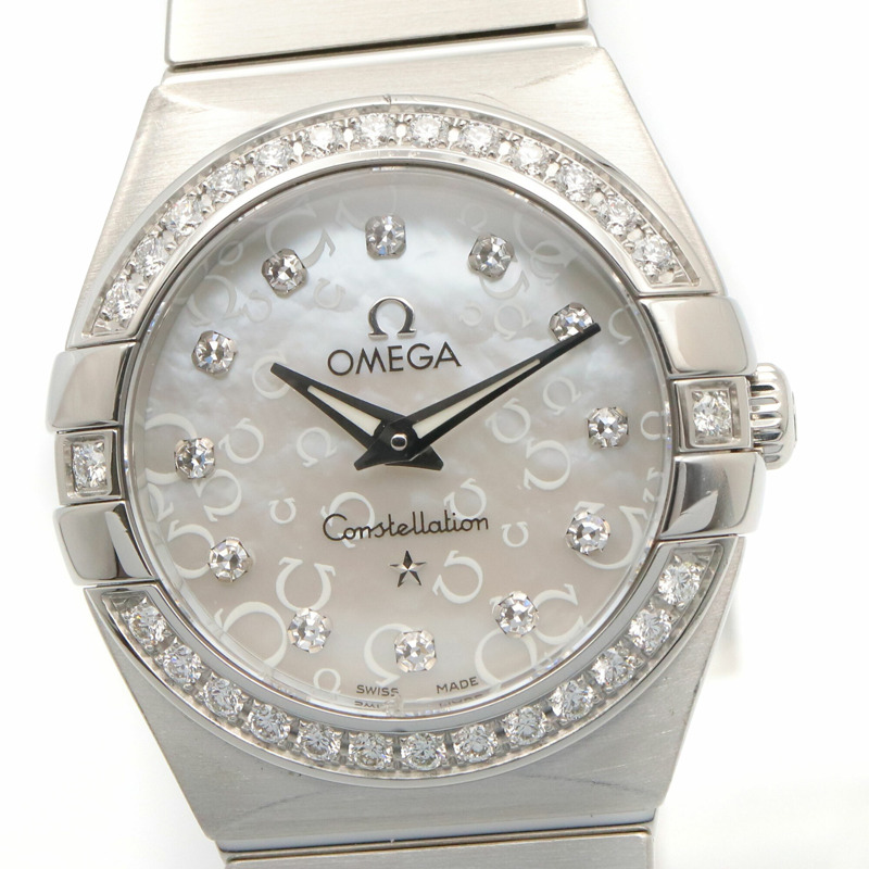 歐米茄星座系列鑲鑽錶圈12鑽女錶，不鏽鋼錶殼，白色錶盤，珍珠母貝錶帶，型號123.15.24.60.55.005-2